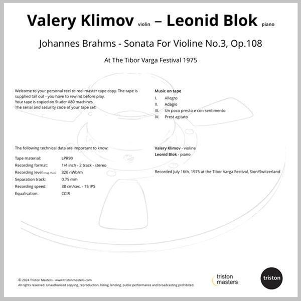 Valery Klimov, Leonid Block - Brahms: Violin Sonata No. 3
